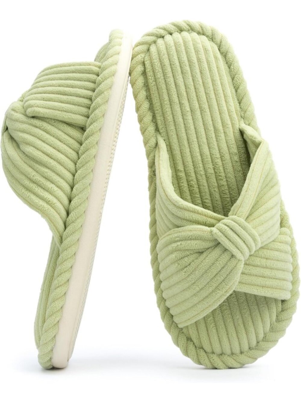 Women's Green Corduroy Bow Cozy Comfortable Bedroom Spa Open Toe Slipper Shoes